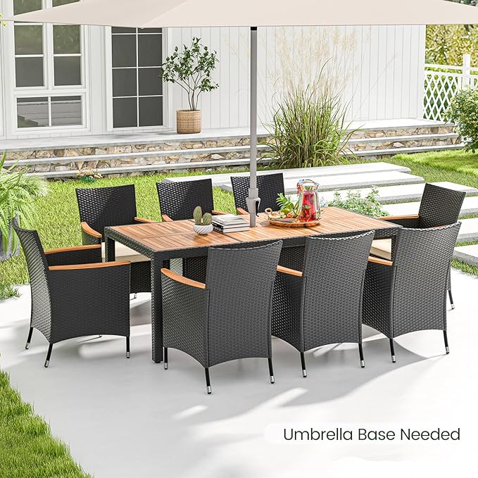 Tangkula 9 Pieces Rattan Outdoor Dining Set for 8, Outdoor Acacia Wood Table Set with 8 Cushioned Wicker Chairs, Umbrella Hole, Patio Dining Furniture Set for Deck Pool Backyard