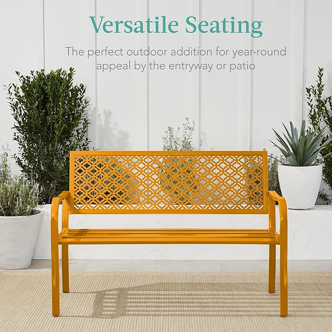 Best Choice Products Outdoor Bench 2-Person Metal Steel Benches Furniture for Garden, Patio, Porch, Entryway w/Geometric Backrest, 790lb Capacity - Marigold