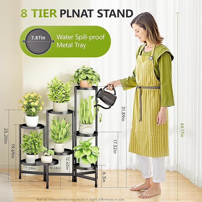 8 Tier Plant Stand Indoor, Tiered Plant Stand Outdoor for Multiple Plants, Corner Plant Shelf for Patio Balcony Porch Garden Living Room House, Black