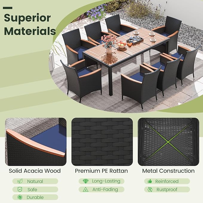 Tangkula 9 Pieces Rattan Outdoor Dining Set for 8, Outdoor Acacia Wood Table Set with 8 Cushioned Wicker Chairs, Umbrella Hole, Patio Dining Furniture Set for Deck Pool Backyard