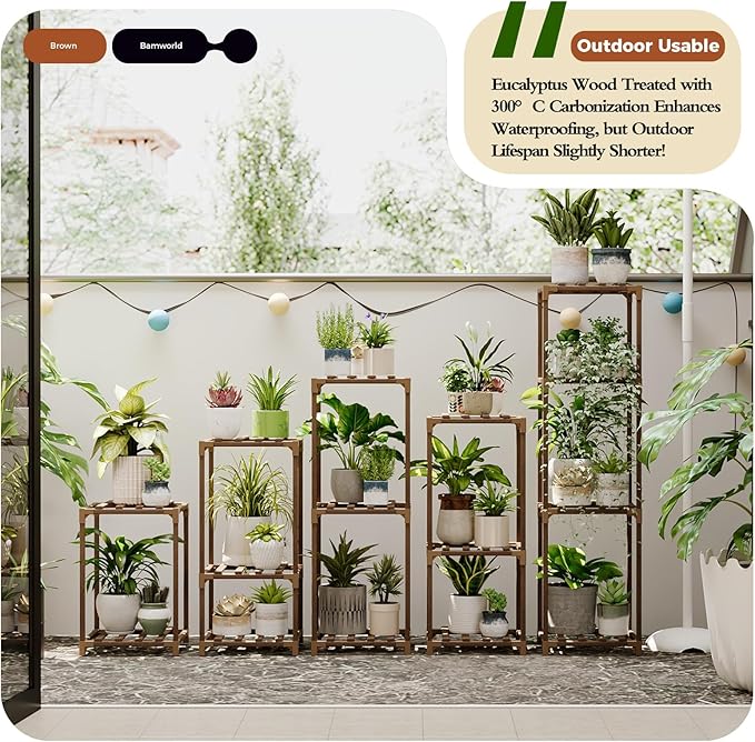 Bamworld 5 Sets Plant Stands Indoor Outdoor Combo Plant Shelves Wooden Plant Holder Rack for Multiple Plants Flower Stands for Living Room Balcony Garden Patio Lawn Window