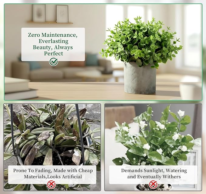 Fake Plants,5 Pack Small Fake Plants Mini Potted Artificial Eucalyptus Greenery Plastic Green Grass Plants for Indoor Outdoor,Mini Faux Plant for Shelve Desk Table Farmhouse Bathroom Shelf Decor