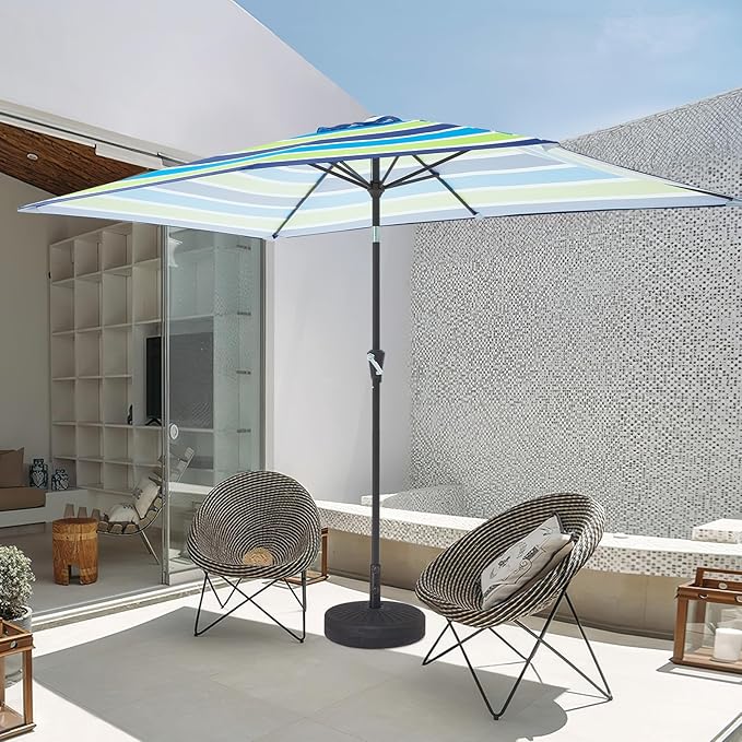 JEAREY 6.5x10 ft Rectangular Patio Umbrellas Rectangle Outdoor Umbrella with Push Button Tilt and Crank, Market Table Umbrella 6 Sturdy Ribs UV Protection for Poolside Garden Backyard Deck, Blue-Green Stripe