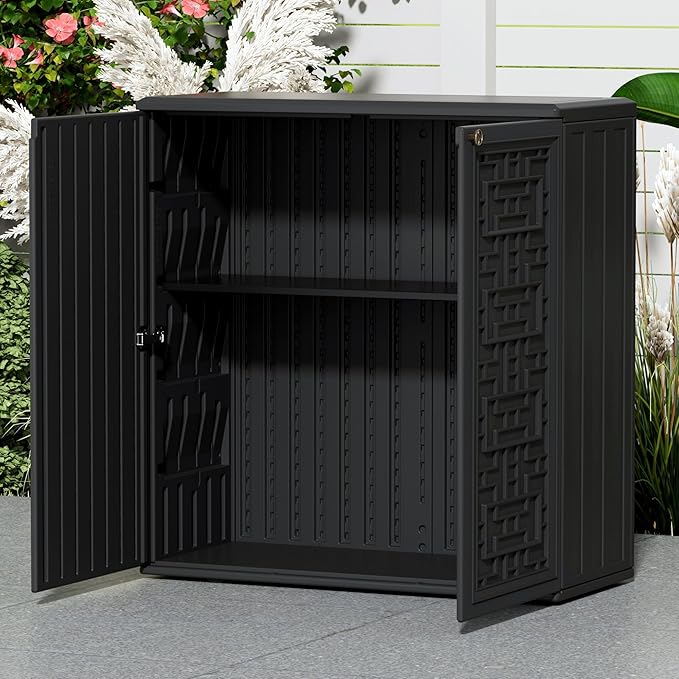 Outdoor Storage Cabinet Waterproof with Shelf,Resin Storage Sheds Outdoor Cabinets for tub Towels/Chemicals/Grill Items/Patio/Garden/Backyard, Size 34.3''L*15''W*36.2''H（Black）