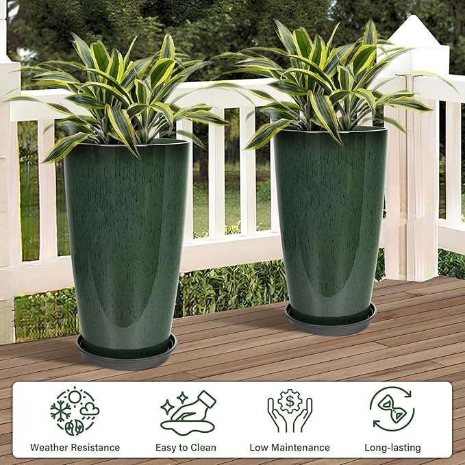 Set of 2 Lightweight Ceramic-Look Tall Planter, 21 inch Large Plastic Planter with Drain Hole & Saucers, Large Outdoor Planters for Porch, Garden, Patio, Balcony(Dark Green)