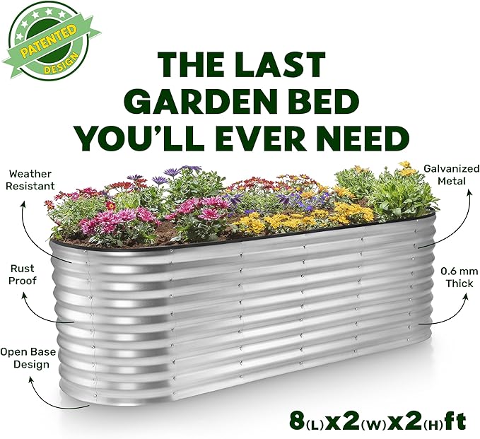 Plant & Plot Galvanized Raised Garden Beds Outdoor // 8×2×2 ft Planter Raised Beds for Gardening, Vegetables, Flowers // Large Metal Garden Box (Silver) // Patented Tool-Free Design