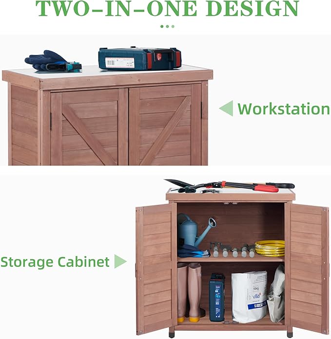Outdoor Potting Bench with Storage Cabinet and Metal Top, Wood Workstation for Outdoor Patio, Garden (Coffee Brown, 31x17x36‘’)