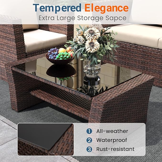 Wisteria Lane 5 Piece Outdoor Patio Furniture Sets, Wicker Conversation Set for Porch Deck, Brown Rattan Sofa Chair with Cushion