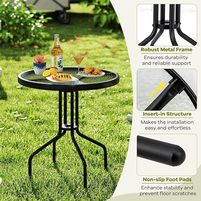 Tangkula 27.5 Inch Round Outdoor Dining Table with Tempered Glass Top, Outside Bistro Table with Umbrella Hole & Metal Frame, Patio Dining Table for Backyard, Lawn, Deck & Poolside