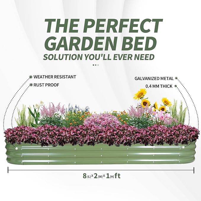 1MORE Galvanized Raised Garden Bed- Planter Garden Boxes Outdoor, Raised Beds for Gardening,8x2x1ft Metal Garden Bed Kit for Vegetables Flower, Planter Raised Beds with Tools.Green