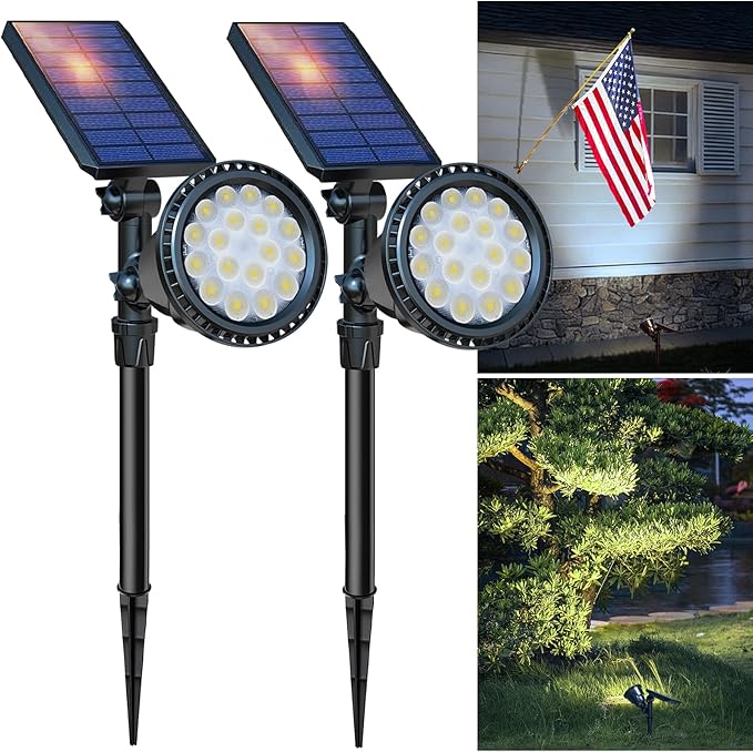 DBF Solar Spot Lights Outdoor Waterproof IP65, Cool White, 600LM High Bright, 2 Brightness Modes, 18 LED, Auto On/Off, Angel Adjustable for Flag Pole Garden Yard Patio Driveway Tree, 2 Pack