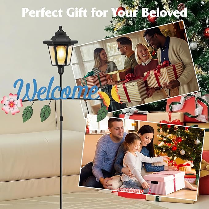 Lewondr Solar Garden Lights Butterfly, 36.6 Inch Solar Lamp Post Light with Welcome Sign & Butterflies, Outdoor Waterproof Solar Stake Lights for Yard Porch Patio Pathway Gardening Gifts, 2 Pack