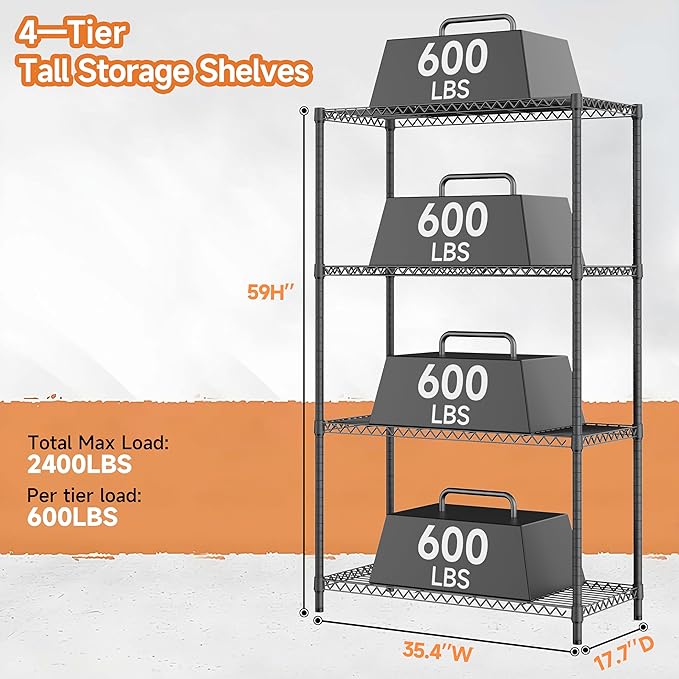2400LBS 35.5" W Standing Shelf Units Wire Rust-Proof Outdoor Storage Shelving 4-Tier Utility Shelving Unit for Garden Home,Kitchen,Office Dark Grey 17.7" D x 35.5" W x 59.4" H