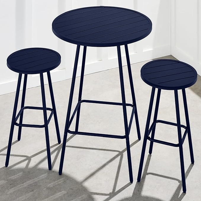 Best Choice Products 3-Piece Patio Dining Set, Bar Height, Outdoor Bistro Set, Outdoor Round Bar Table w/ 2 Bar Stools, Steel - Navy