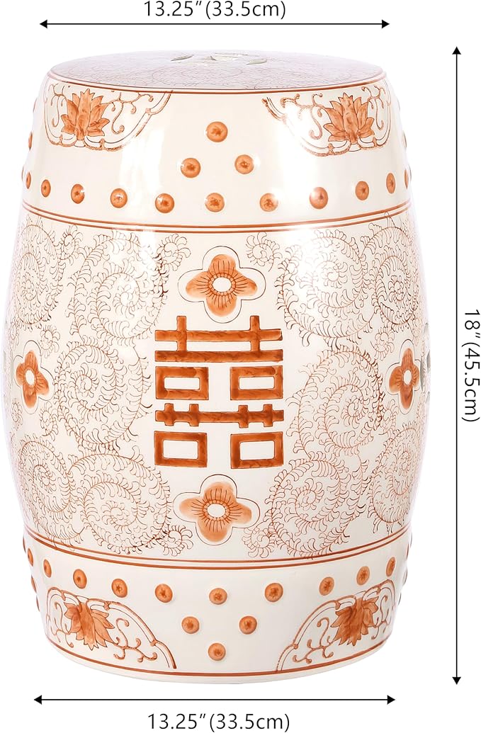 JONATHAN Y TBL1013D Double Happiness 18" Chinoiserie Ceramic Drum Indoor/Outdoor Garden Stool Bohemian, Coastal, Classic, Cottage, Traditional, Patio, Garden, Bathroom, Living Room, Orange/White