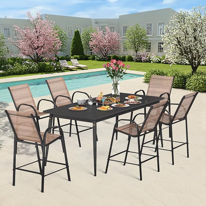 HOMREST Outdoor Bar Height Stools Set of 6,Stackable Patio Chairs with Armrests, High Back Textilene Chairs with Breathable Fabric & Metal Frame for All Weather,Brown