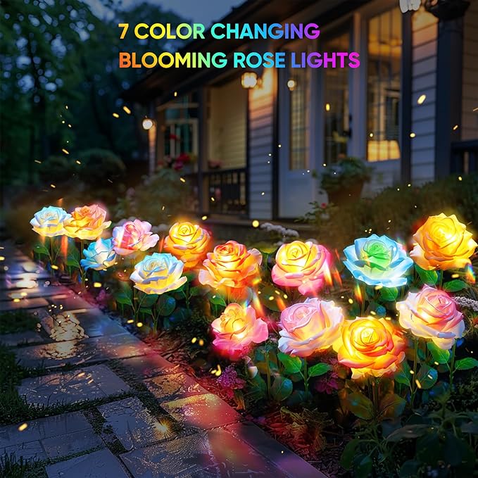 10 Pack Solar Flowers Lights Outdoor Waterproof for Garden Decor, Solar Garden Lights for Outside, Outdoor Solar Lights for Yard with Solar Rose Lights, Yard Decorations
