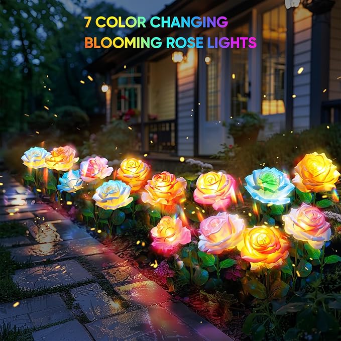 6-Pack Solar Flowers Outdoor Waterproof - Solar Garden Lights with Rose, Solar Flower Lights for Outside Yard Decorations Outdoor