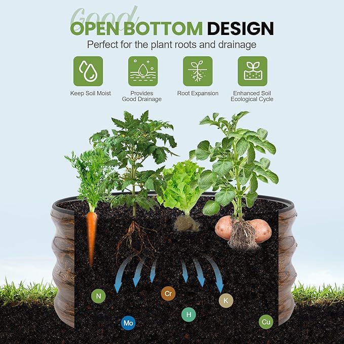 G GOOD GAIN Round Raised Garden Bed - 3Pcs 2x2x1ft Galvanized Steel Planter Boxes Outdoor with Rubber Edge Trim | Metal Raised Beds for Gardening Vegetables Flowers Fruits Herbs (Wood Grain)