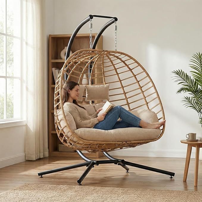 SWITTE Double Hanging Egg Chair with Stand, Outdoor Patio 2 Person Wicker Hammock Swing Chairs with Cushion Loveseat for Indoor Bedroom, Lawn, Garden-Beige