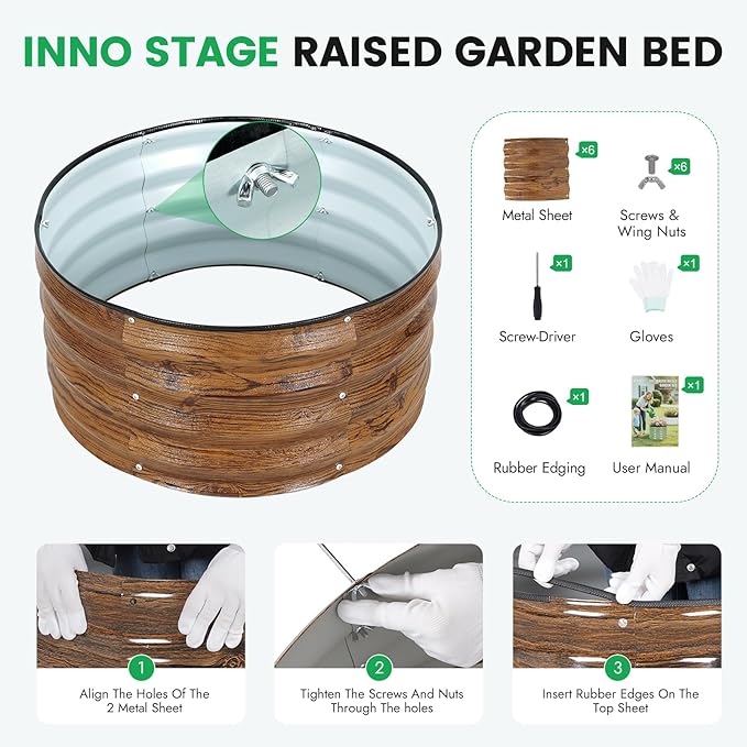 INNO STAG 3 Pcs Round Galvanized Raised Garden Bed — 2×2×1ft Planter Box Outdoor Raised Beds Kit for Gardening Vegetables, Fruits, Herbs, and Flowers, Grain
