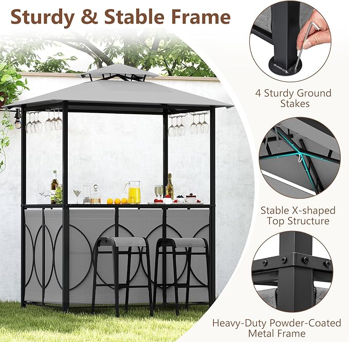 Tangkula 3-Piece Patio Bar Set, Grill Gazebo & 2 Bar Stools with Tempered Glass Bar Table, Metal Storage Shelves, Glass Holders, Double-Tier Soft Top Canopy BBQ Gazebo Shelter for Patio Garden (Grey)