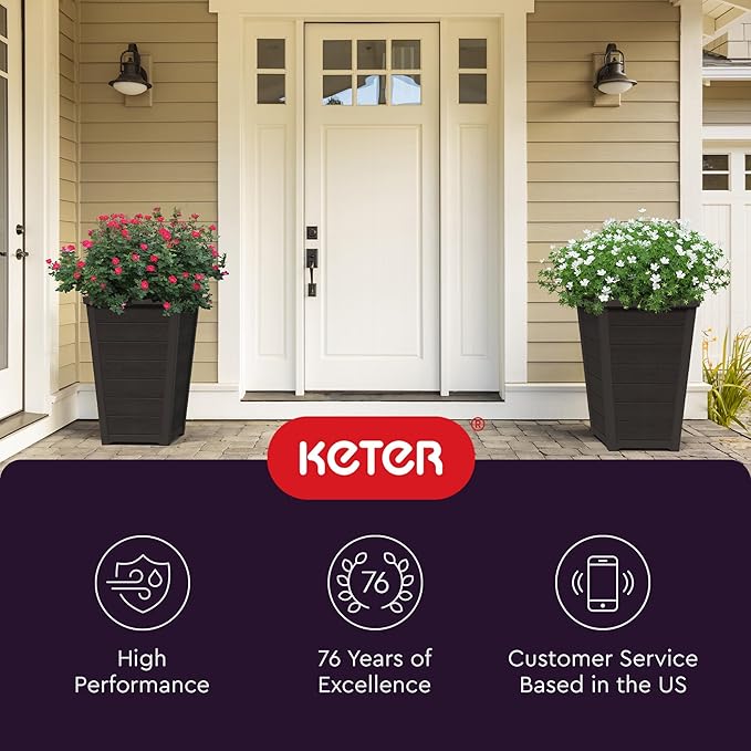 Keter Set of 2 Modern 22‑Inch Tall Outdoor Flower Pots – Large Resin Tapered Planters for Outdoor Plants, Front Porch & Patio Decor, Wood‑Look Design, Graphite