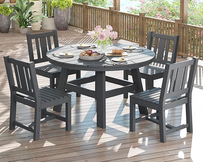 AMERLIFE 5 Piece HDPE Outdoor Dining Table & Chairs Set, All-Weather Patio Table and Chairs Set Furniture with Umbrella Hole for Garden, Backyard, Poolside, Seaside, Gray