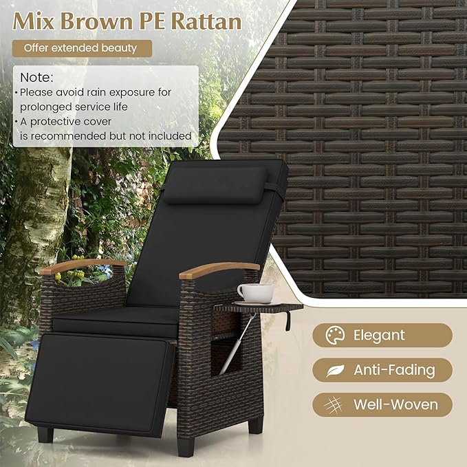 RELAX4LIFE Rattan Outdoor Recliner Chair - Wicker Chaise Lounge Chair w/Adjustable Back & Footrest, Acacia Wood Armrests, Flip Side Table, Cushion, Reclining Patio Chair for Pool Yard (2, Black)