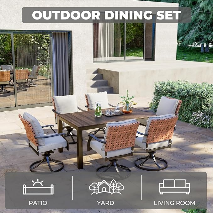 Grand patio 7-Piece Outdoor Dining Set, 6 Leather-Look Resin Wicker Swivel Patio Chairs & 1 Rectangular Woodgrain Dining Table, Brown
