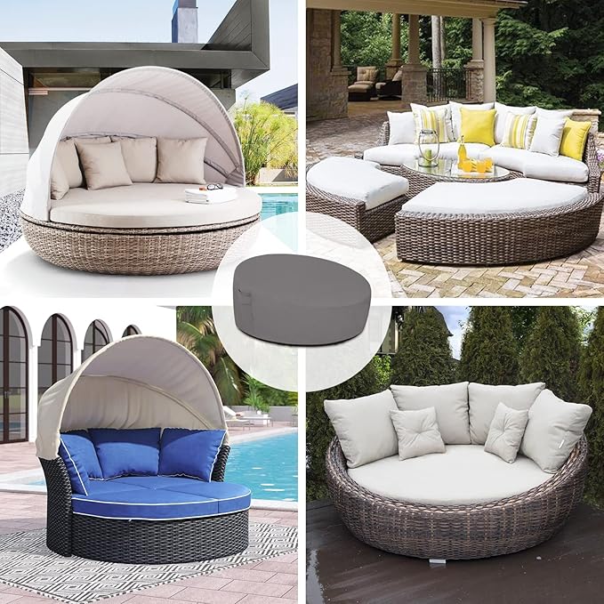 Easy-Going Heavy Duty 600D Outdoor Daybed Cover 88 Inch UV Resistant Patio Round Sofa Cover Waterproof Outdoor Canopy Daybed Sofa Cover with Air Vent 88" Dia x 35"/18" H, Grey