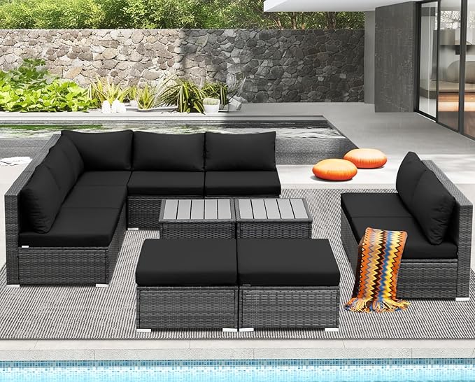 NICESOUL 11 Piece Modern L Shaped Outdoor Sofa Set, 29.3'' High Back Comfy Big Size Wicker Patio Modular Sectional with Table & Ottoman, Rattan Conversation Furniture, 2 Color Cushion Black & Gray
