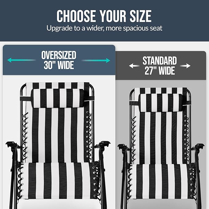 Best Choice Products Set of 2 Extra Wide Adjustable Steel Mesh Zero Gravity Lounge Chair Recliners w/Pillows and Cup Holder Trays - Black Stripes