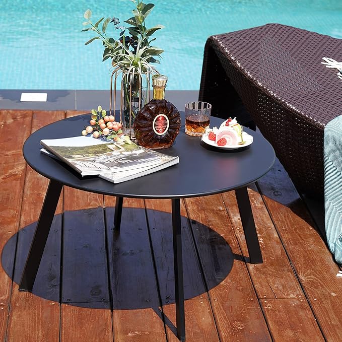 Grand Patio Round Steel Patio Coffee Table, Weather Resistant Outdoor Large Side Table, Black…