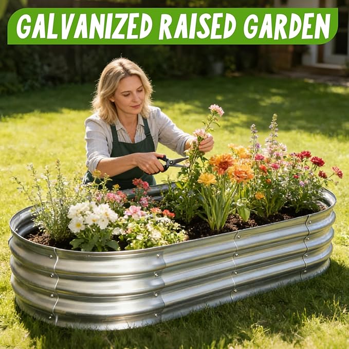 Galvanized Raised Garden Bed Kit, Planter Garden Boxes Outdoor, Oval Large Metal for Vegetables Fruits, Flowers Planter Boxes, Easy Assembly Garden Bed Kit 4x2x1 FT (2-Pack)