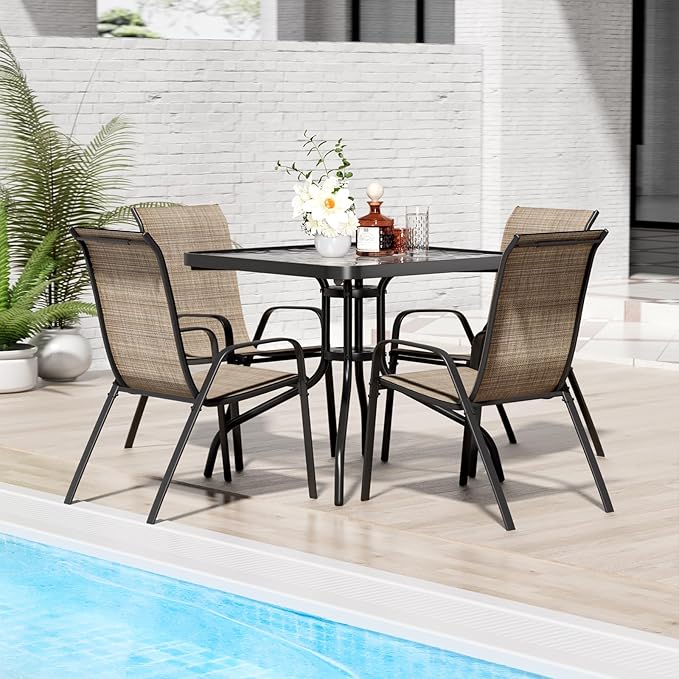 TLSUNNY Patio Dining Set 5 Pieces, All Weather Outdoor Furniture W/30"X 30" Table and 4 Stackable Textilene Chairs, Metal Table and Chairs for Lawn, Garden, Poolside, Backyard (Umbrella not Included)