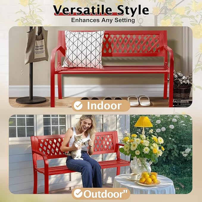 VINGLI 47'' Outdoor Bench, Weather Resistant Garden Patio Bench Powder Coated Iron Frame w/PVC Mesh Backrest Slatted Seat, 2-Person Outdoor Furniture for Front Porch Entryway Park (Red)