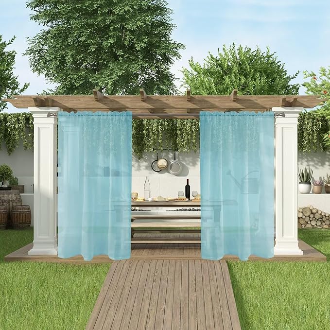 SpaceDresser Waterproof Outdoor Sheer Curtains for Patio - 4 Panels Rod Pocket Indoor Voile Sheer Curtain for Living Room,52W x 84L inch, Aqua