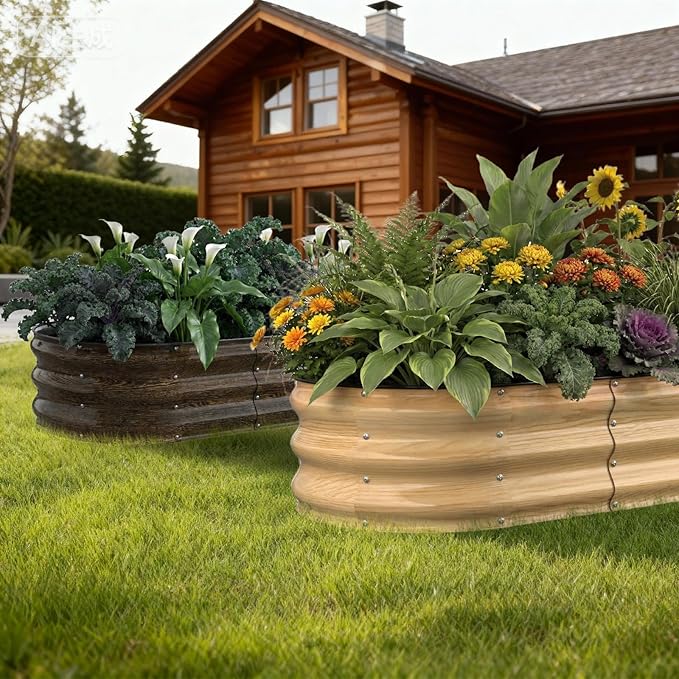 4x2x1FT Galvanized Raised Garden Beds,Raised Garden Bed with Safety Edging and Gloves,Oval Metal Planter Box for Gardening Vegetables Flowers Herb-Classic Walnut