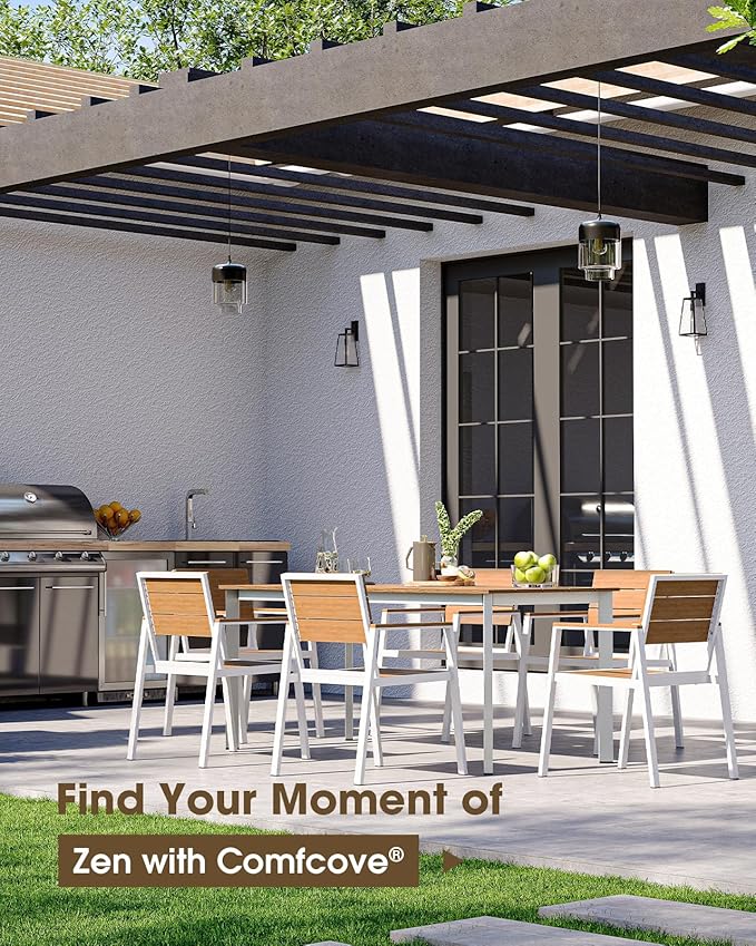 Outdoor Patio Dining Set for 6, Aluminum 7 Piece HDPS Patio Table and Chairs Set with Umbrella Hole, Modern Patio Furniture Set, Patio Dining Table & 6 Chairs (White & Teak)