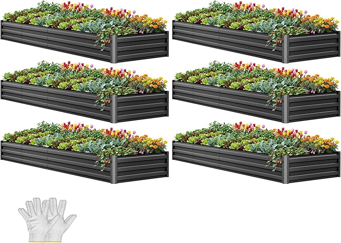 YITAHOME 6pcs 12x4x1 ft Galvanized Raised Garden Bed Kit, Large Metal Planter Box with Gloves, Safety Rubber & Support Rod, Outdoor Flower Bed for Plants Vegetables, Black