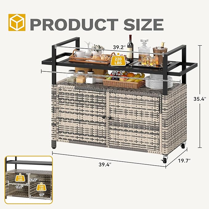 DWVO XXL Patio Storage Cabinet,Outdoor Bar Cart with Glass Top,Outdoor Storage Cabinet with Wheels for Patio, Poolside and Backyard, Grey