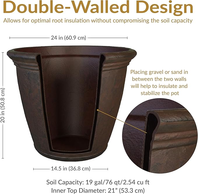 Sunnydaze 24-Inch Anjelica Large Plastic Pot for Plants - Outdoor Double-Walled Large Plastic Planter with Drillable Drainage Holes - Rust - 2pk