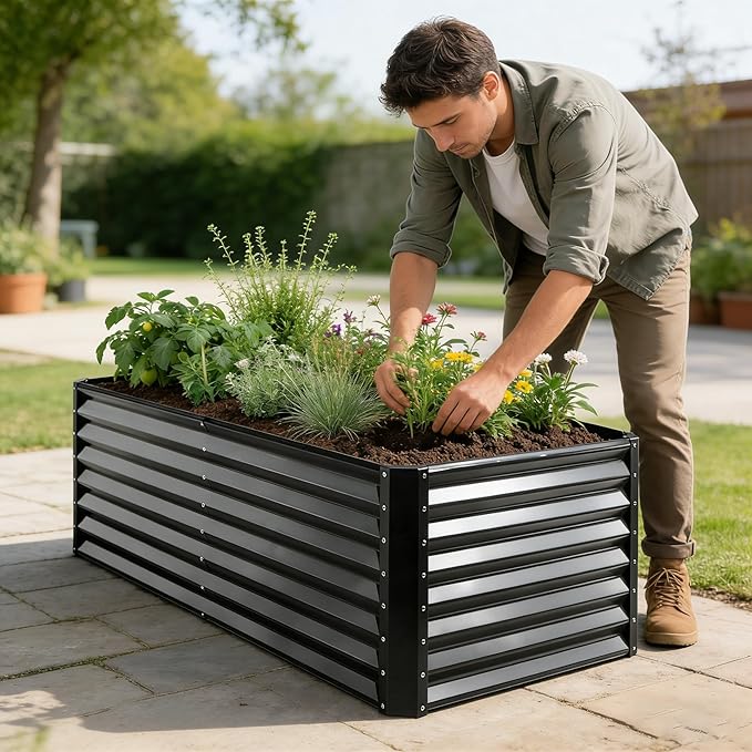 GARDMAX 6x3x1FT Raised Garden Bed Kit, Metal Planter Boxes Outdoor with Easy Assembly, Large Garden Bed for Vegetables, Fruits, Flower, Herbs Rectangle Dark Grey
