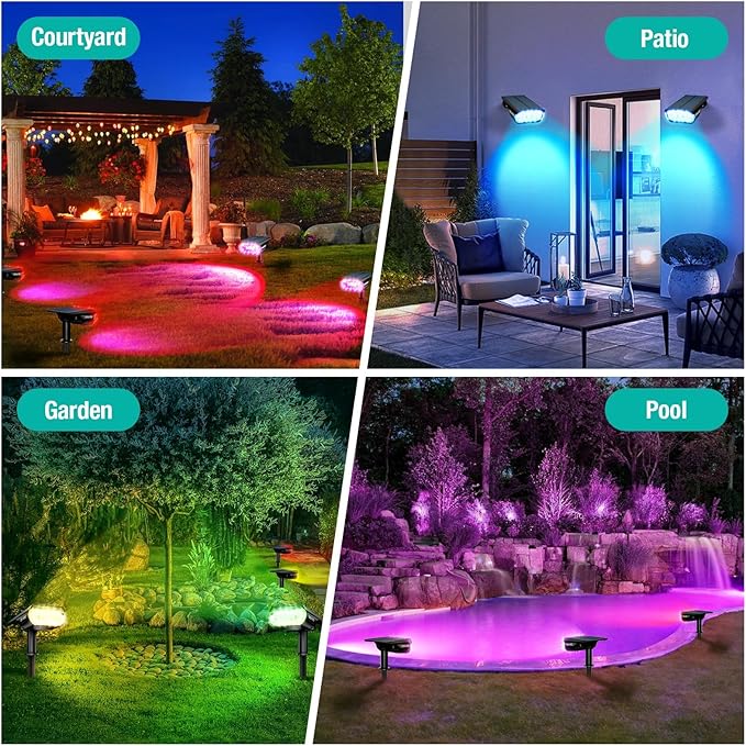 68 LEDs RGB Solar Spot Lights, 1000 Lumens 9 Lighting Modes Color Changing Solar Outdoor Lights, IP67 Waterproof 2-in-1 Landscape Garden Light for Yard Patio, 4 Pack