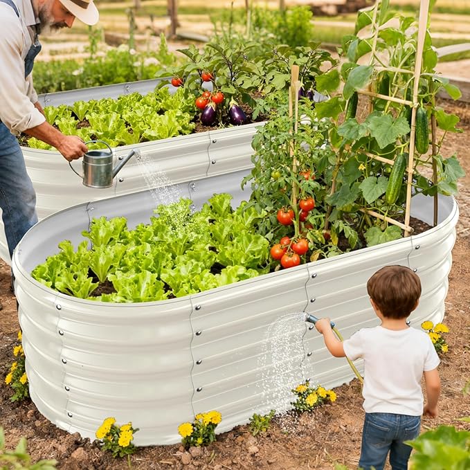 17" Tall Outdoor Garden Raised Garden Bed Kits, 4ft X 2ft Oval,0.8MM Thick Metal Raised Planter Bed/Ground Planter Box for Variety of Flowers,Herbs,Vegetables (Cream White, 48X24X16.5 Inches)