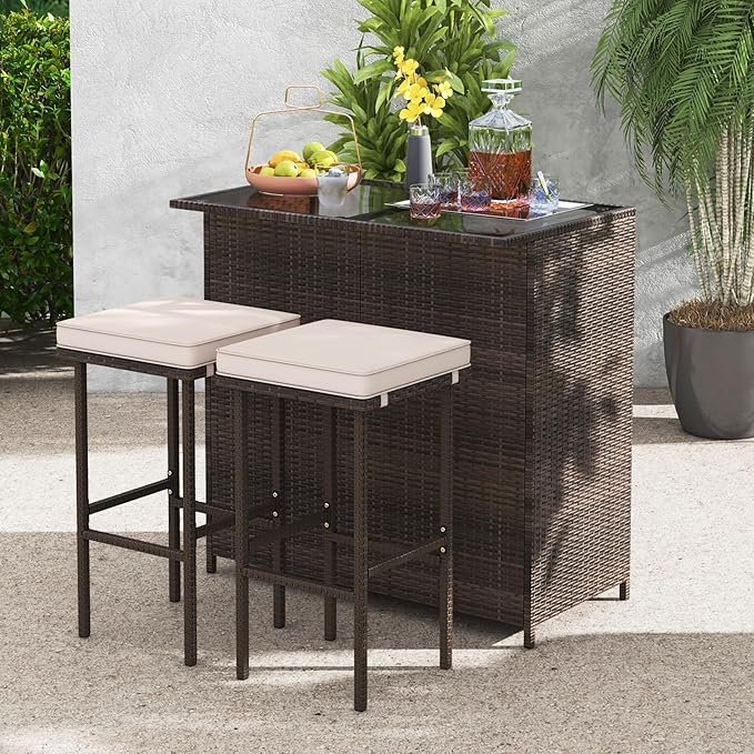 Tangkula 3 Piece Patio Bar Set, Outdoor Rattan Bar Table and 2 Stools with Tempered Glass Tabletop, 2-Tier Storage, Removable Cushions, Outside Wicker Conversation Set