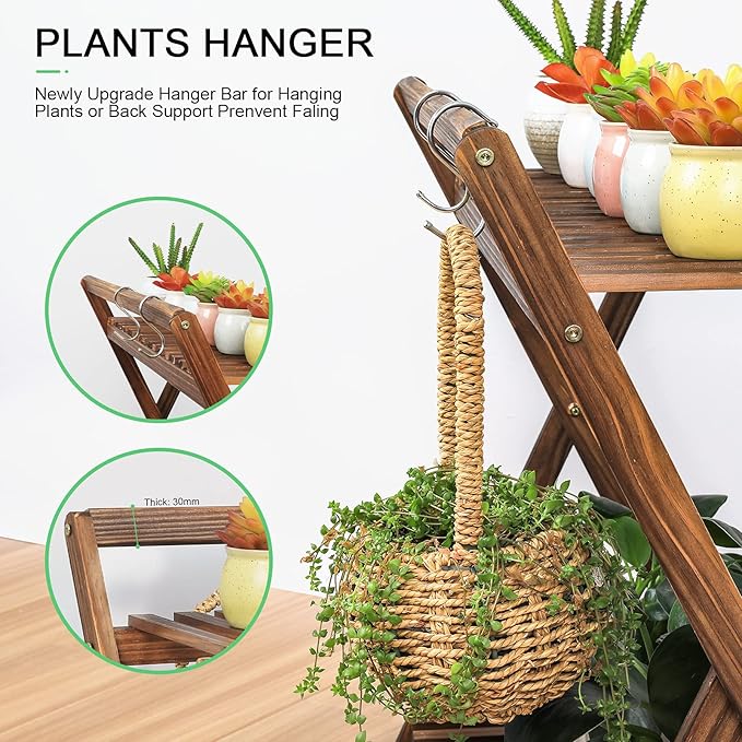 Indoor Plant Stand for Multiple Plants 2 Tier Wood Corner Plant Shelf Rack with Planter Hanger Outdoor Flower Pot Stand Holder for Yard Patio Garden Balcony Porch Living Room ( Rustic X-Cross)