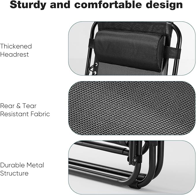 NEWBULIG Zero Gravity Chair Set of 4, Lounge Chair Folding Portable Adjustable Camping Reclining Chairs with Adjustable Pollow, Mesh Back, Cup Holder Trays Lawn Patio Chair for Pool Beach - Black