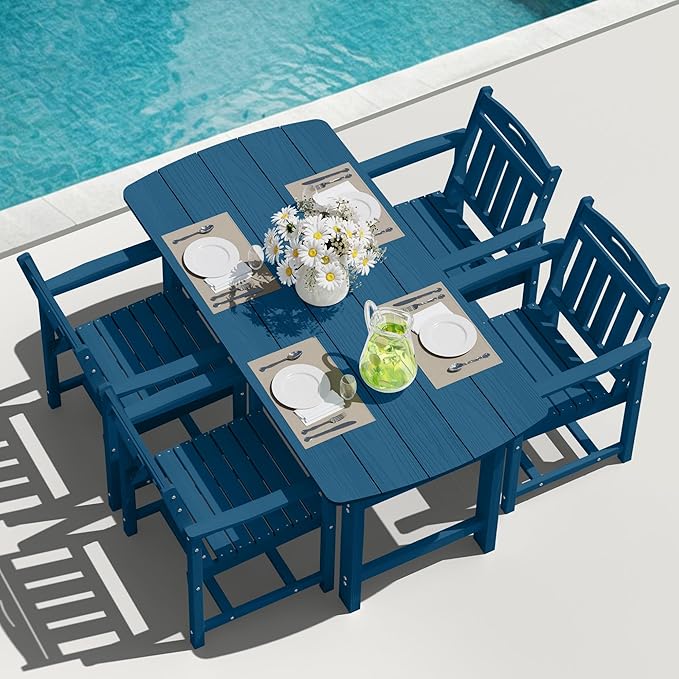 HDPE Outdoor Patio Dining Set with Table & 4 Chairs, All-Weather 5-Piece Outdoor Table and Chairs, 2" Umbrella Hole, Patio Furniture for Garden, Backyard, Deck | Navy Blue